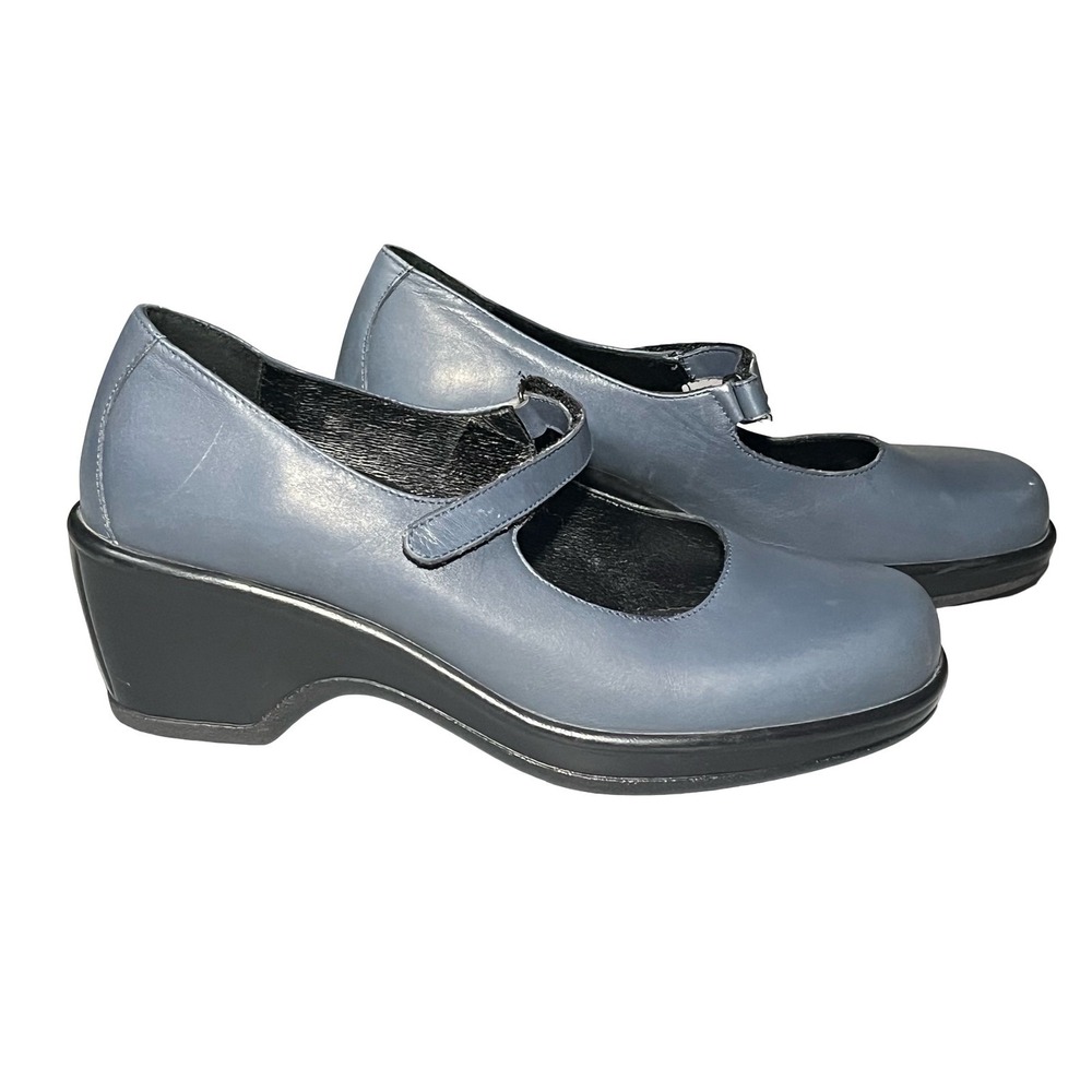 Dansko Blue Leather Mary Jane Wedge Shoes Size 40 Hook Loop Strap Portugal